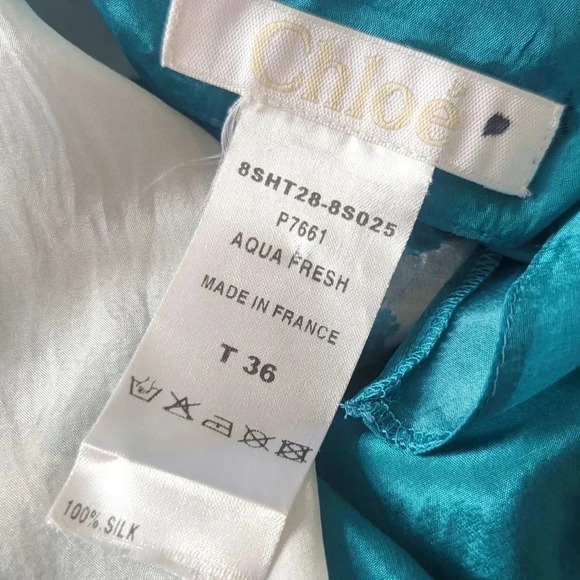 Chloe France Designer Women’s Silk Metallic Blouse Tank Aqua Fresh - Picture 6 of 6